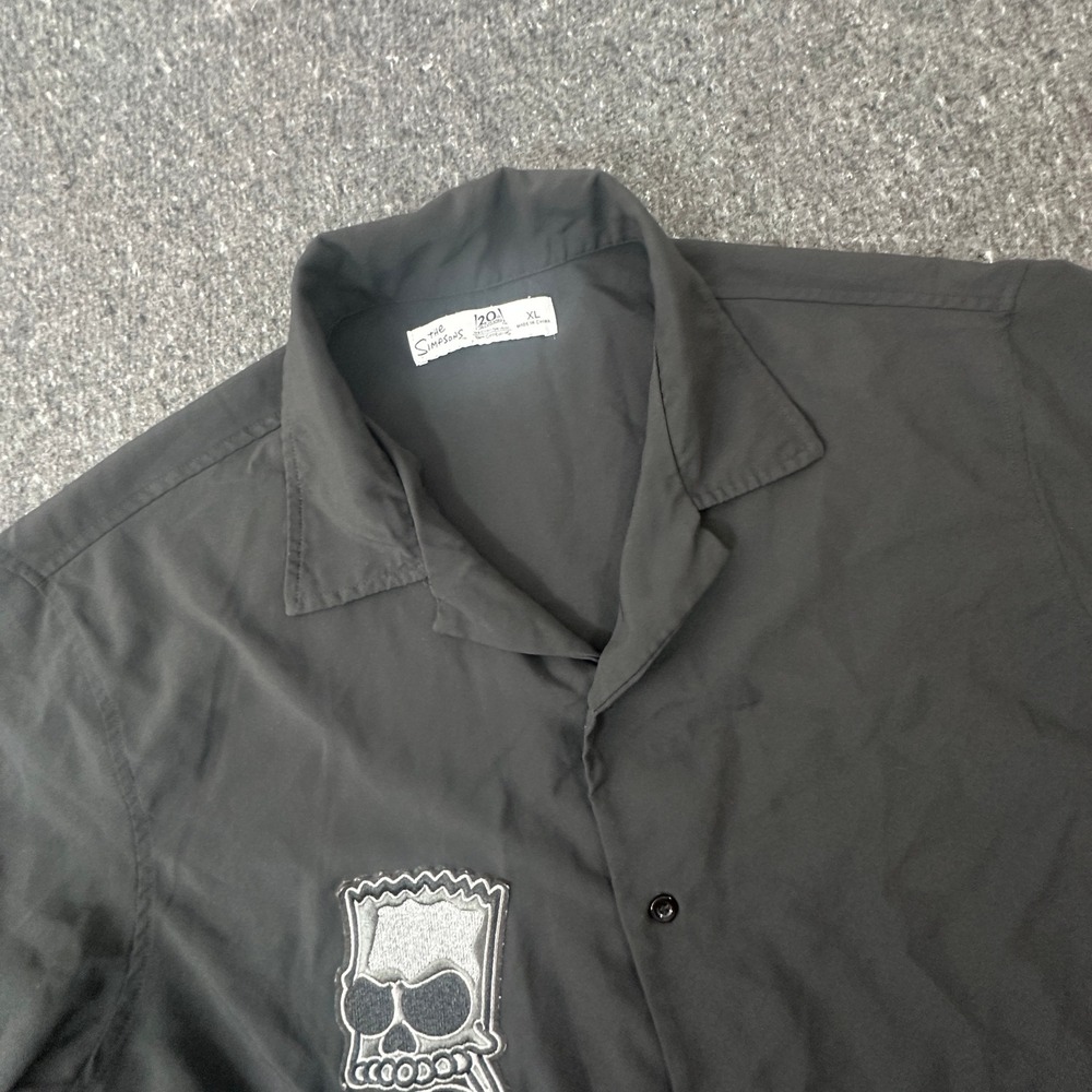 Y2K Simpsons Bart Simpson Skeleton Skull Bowling Shirt Mens XL Black Button Down